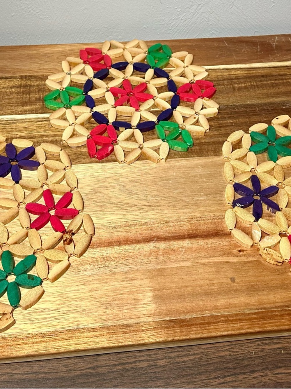 Retro Handmade Beaded Kitchen Trivet Set - Natural, Red, Green, Blue.
